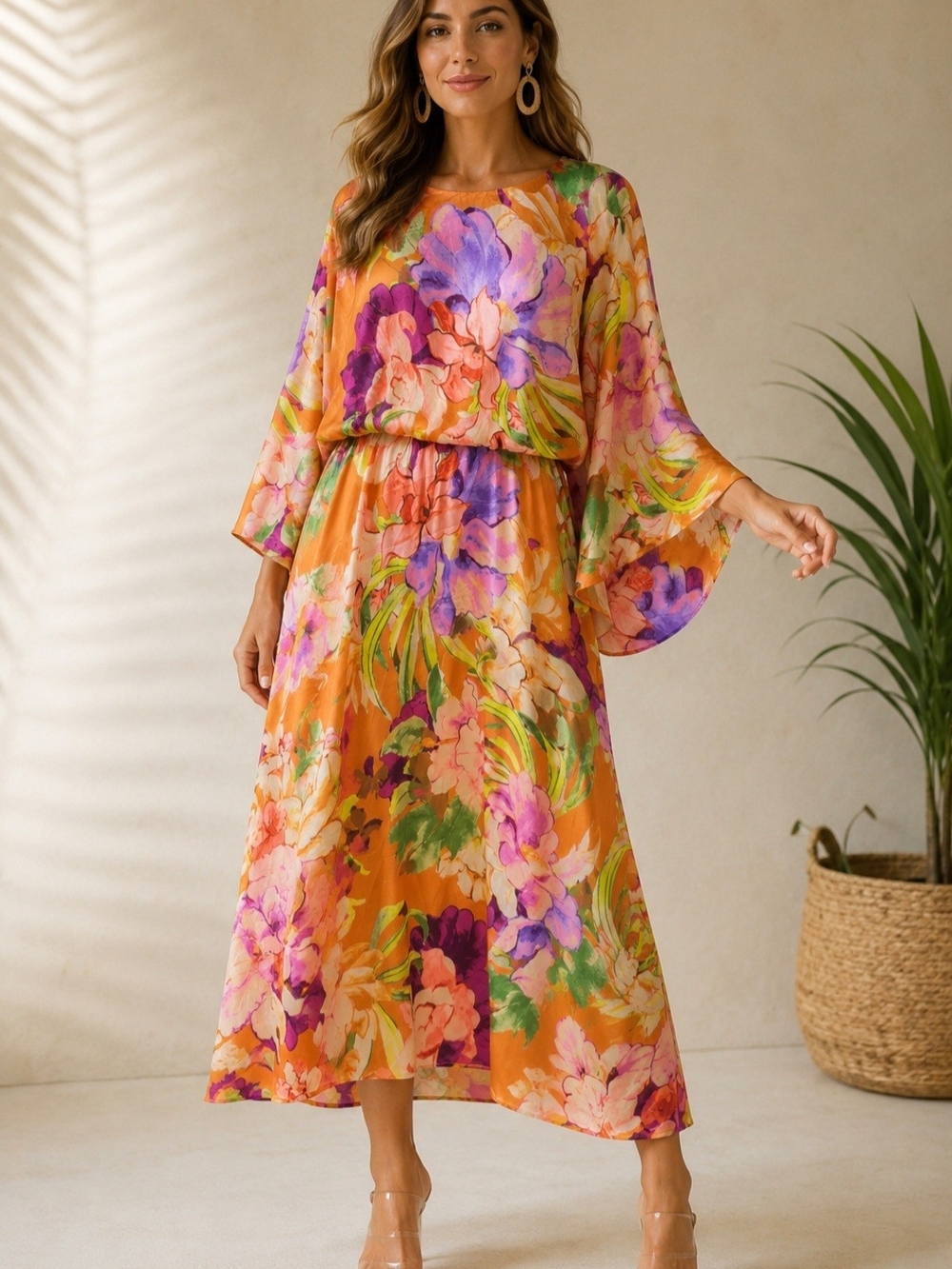 Flying Tomato Orange Floral Midi Dress with Purple & Pink Accents